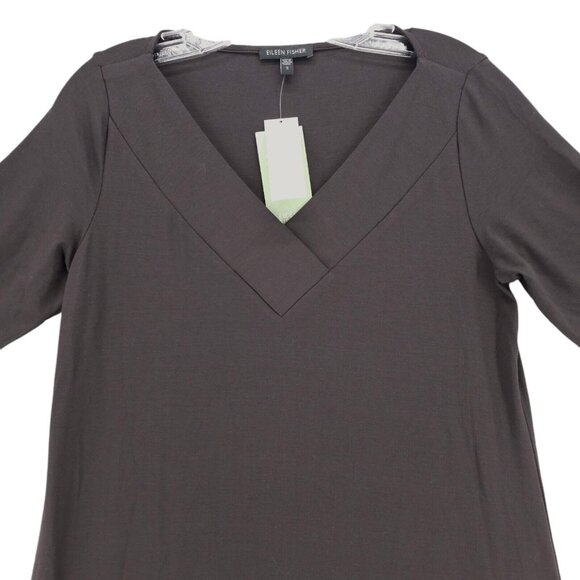 NWT EILEEN FISHER Viscose Jersey Musel Brown V-Neck Shirred Dress Size SMALL - Picture 2 of 8